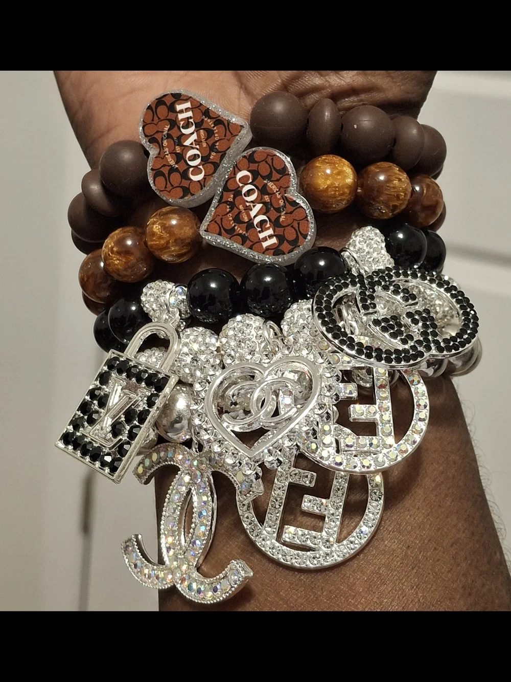 Brown Beaded Charm Bracelet Stack - Women's Designer Jewelry